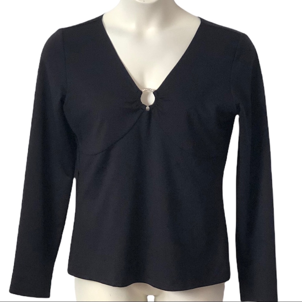 Fashion Bug Women’s Black V-Neck with faux diamond ring keyhole decoration
